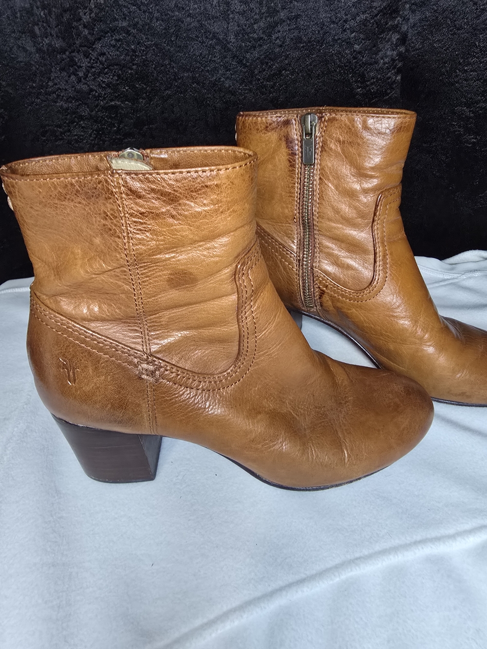 Frye Cognac Leather Ankle Booties with Block Heel